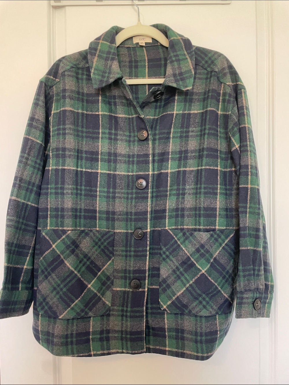Wool-Blend Plaid Pea Coat in Green & Navy - Casual Button Front